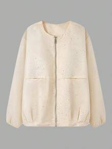 Chaqueta de cuello redondo con decoración de rhinestones de unicolor casual, primavera/otoño - Beis - Ver 1