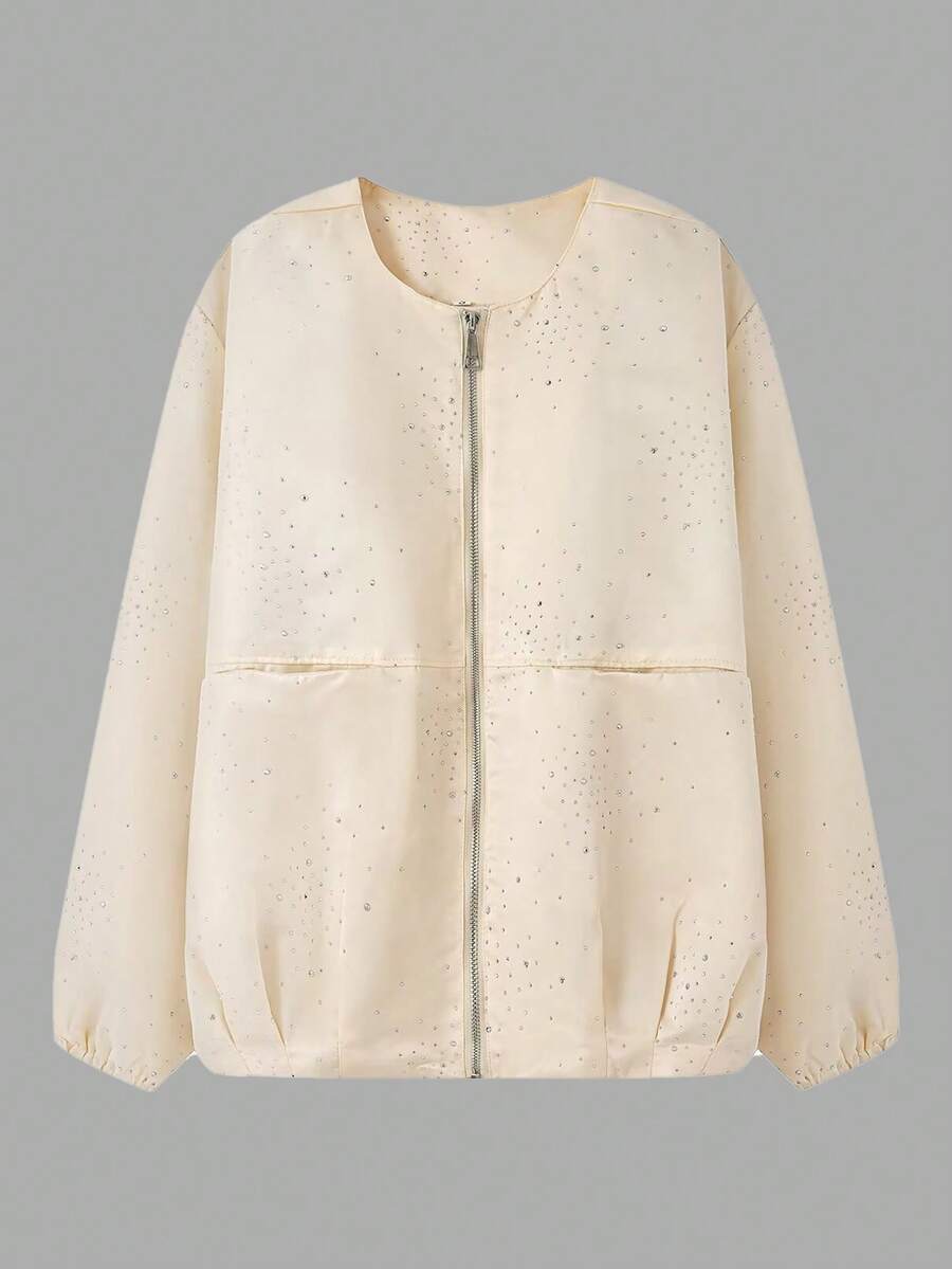 Chaqueta de cuello redondo con decoración de rhinestones de unicolor casual, primavera/otoño - Beis - Ver 1