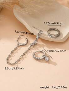 3 pièces/set Boucles d'oreilles à clou avec chaîne en cubic zirconia cubique délicate pour femmes, bijoux pour usage quotidien et soirée (quantité adaptée pour une oreille) - Argent - Voir 5