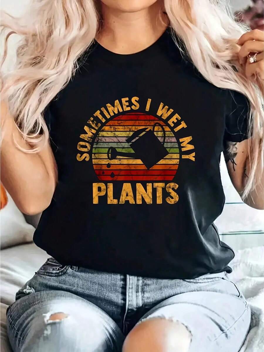 For Gardeners, Or Planters T-Shirt Print T-Shirt, Casual Crew Neck Short Sleeve Comfort Tee Top For Spring & Summer, Women'S Clothing 100_ Cotton - 黑色4 - 查看 1
