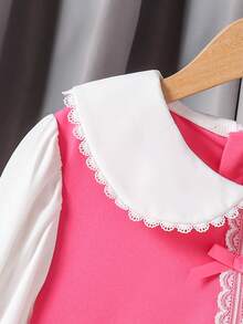 1pc Girls' 2 In 1 Dress, Peter Pan Collar, Floral Lace Trim, White Back Panel With Hidden Zipper, Long Bell Sleeves, Bow Decor, Pink Sweet Fitted Dress, Suitable For Early Autumn - Pink - View 4
