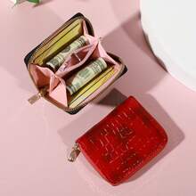 Compact Chic Mini Wallet - Faux Leather, Crocodile Print, Card & Coin Holder With Polyester Lining And Secure Buckle