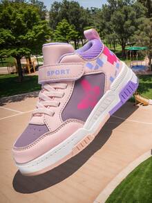 1 Pair Kids' Skateboard Shoes, Plaid Pattern, PU Upper, Patchwork, Contrast Color, Fashion Mid-Top, Hook And Loop, Butterfly Print, TPR Anti-Slip Outsole, Street, School, Elementary Girls, Casual - Dusty Pink - View 5