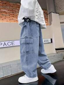 Tween Boy 时尚直筒休闲牛仔裤 - 深色水洗藍 - 查看 5