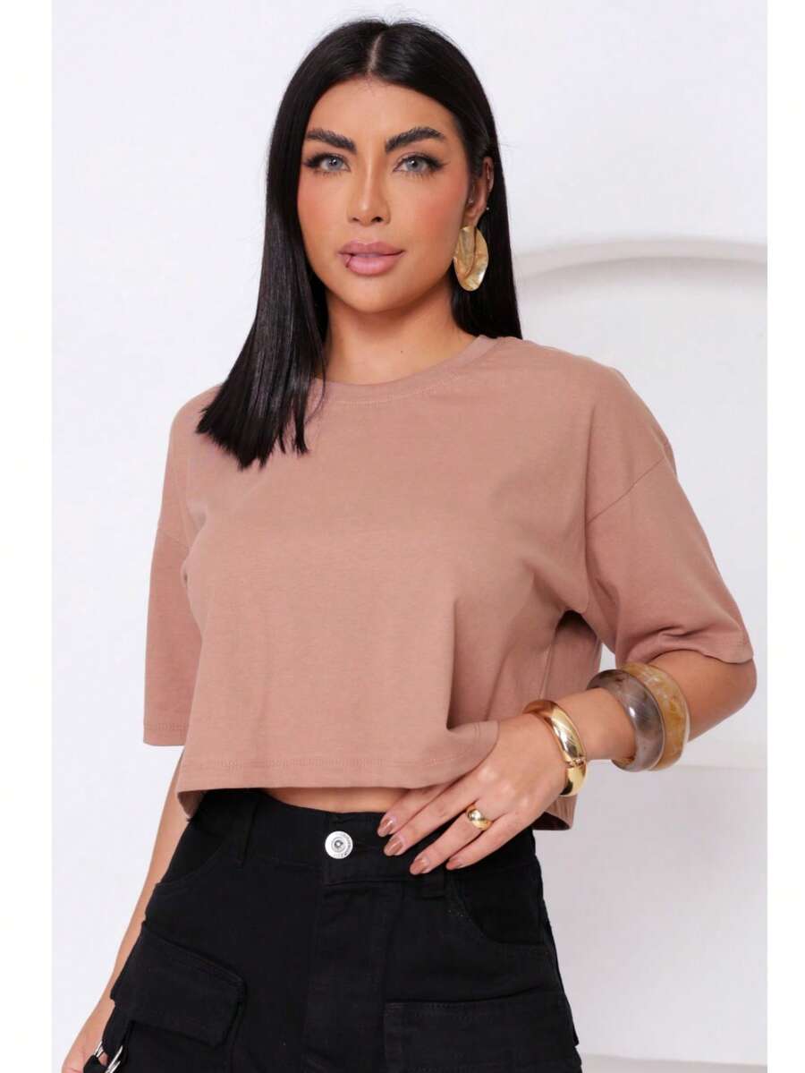 Women's Basic Cropped T-Shirt In Plain Cotton Knit - 卡布奇諾 - 查看 1