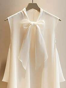 Plus Size Women's Solid Color Casual Sleeveless Top With Bowknot Collar, Front Short Back Long Design, Elegant & Fashionable For Summer - Apricot - View 4