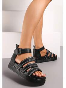 Women's Platform Sandals, New Summer Fashion Leather Buckle Zipper Decor Roman Sandals - Black - View 3