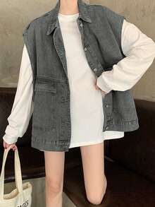 Solid Button Front Denim Vest Jacket