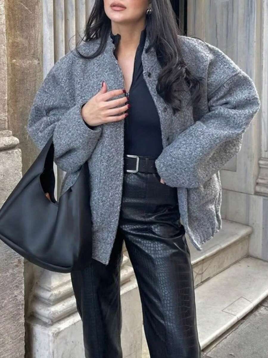 1 Peça Jaqueta Casual Feminina de Cor Sólida, Gola Padre, Abotoamento Simples, Solta e Confortável, de Manga Longa