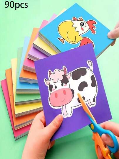 90pcs Colorful Paper Cutting Kit - Paper Cutting Craft Set With 1pc Plastic Scissors - Fun DIY Handcraft Kit, Includes Chicken, Ox And Rooster Designs, Suitable For Creative Art Projects, Paper Craft Supplies