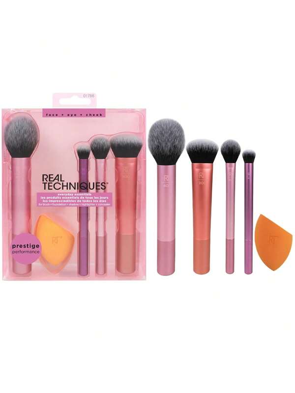 Real Techniques 5 Pieces Everyday Essentials Makeup Brush Set, Includes 4 Brushes & Makeup Sponge, For Foundation, Blush, Bronzer, Contour, Eyeshadow, & Powder, Travel Gift Set