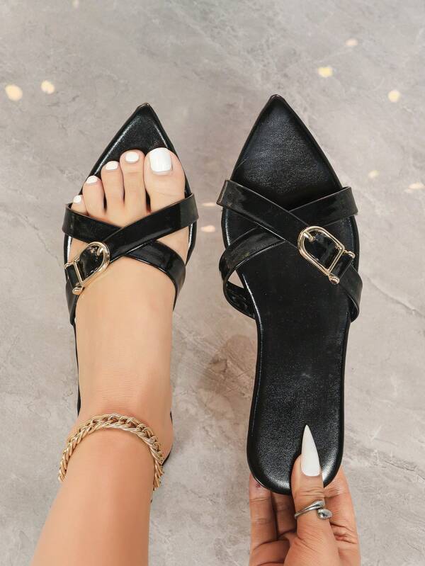 French Style Flat Pointed Toe Slip-On Sandals, Versatile Gold Buckle Decor Criss-Cross Strap, Casual Daily & Holiday Wear