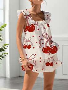 Womens Pajamas Set Bow Floral Print Ruffle Sleeveless Tank Top And Shorts Sleepwear Set Summer 2 Piece Outfits Women Floral Print Pajama Sets 2 Piece Lounge Set Ruffle Trim Sleeveless Top And Shorts Pjs Sleepwear - 紅色櫻桃 - 查看 2