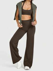 Pantalones de yoga para mujer OQQ de cintura alta, elásticos, casuales, suaves y de pierna recta - Versión extendida en marrón oscuro - Ver 2