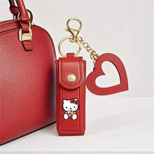 Sanrio 1pc Hello Kitty Portable Lipstick Storage Bag, Lovely Mirror Lipstick Protective Leather Case, Cute Simple Pendant Keychain, Mini Coin Purse, Lip Makeup Bag, Best Gift For Girlfriend (Stickers Are Random)