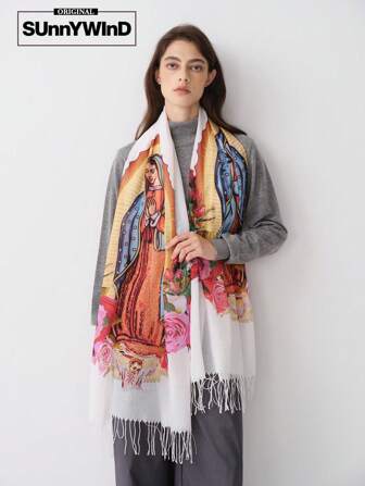 1 pieza Pañuelo elegante y puro de poliéster con la Virgen María, apto para uso diario