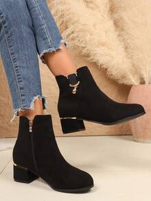 Jesienno-zimowe buty damskie w prostym stylu, na średnim obcasie i grubym obcasie, czarne zamszowe, krótkie botki z kryształkami, zapinane na zamek błyskawiczny z boku, modne i eleganckie botki damskie, buty damskie