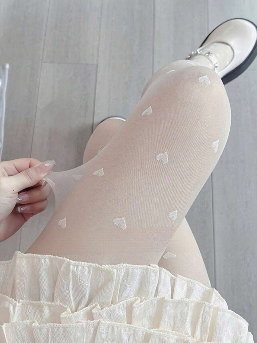 1 件女式超薄白色心形图案紧身裤，适合日常穿着 - 白色 - 查看 1