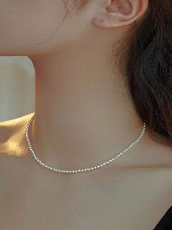 1 pieza Collar corto de perlas de vidrio de 4mm, collar gargantilla, elegante y versátil