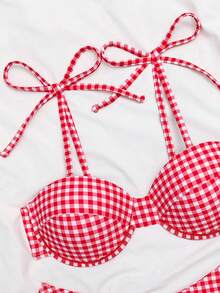 Women's Summer Red Plaid Print Bikini 2-Piece Set, Girly Style, Push-Up Bikini, Underwire Bikini, Beach Holiday Outfit, Swimwear, Women's Summer Dress, Women's Summer Clothing, Festival, Ibiza Island Outfit, Women's Swimsuit, Bikini Set, Women's Swimwear, Women's Beach Outfit, Holiday Set, Beach Dress, Women's Bikini Set - Multicolor - View 5