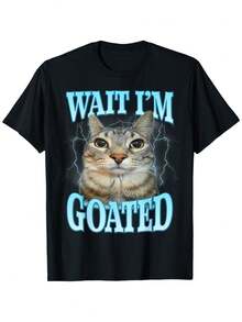 [100% Cotton]Funny Wait I'm Goated Silly Cat Meme Humor Silly Cat Saying T-Shirt Graphic Tees Crewneck Shortsleeve - màu đen - Xem 1