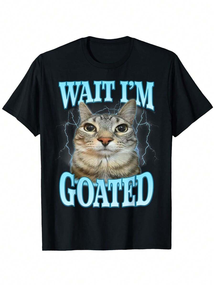 [100% Cotton]Funny Wait I'm Goated Silly Cat Meme Humor Silly Cat Saying T-Shirt Graphic Tees Crewneck Shortsleeve - màu đen - Xem 1