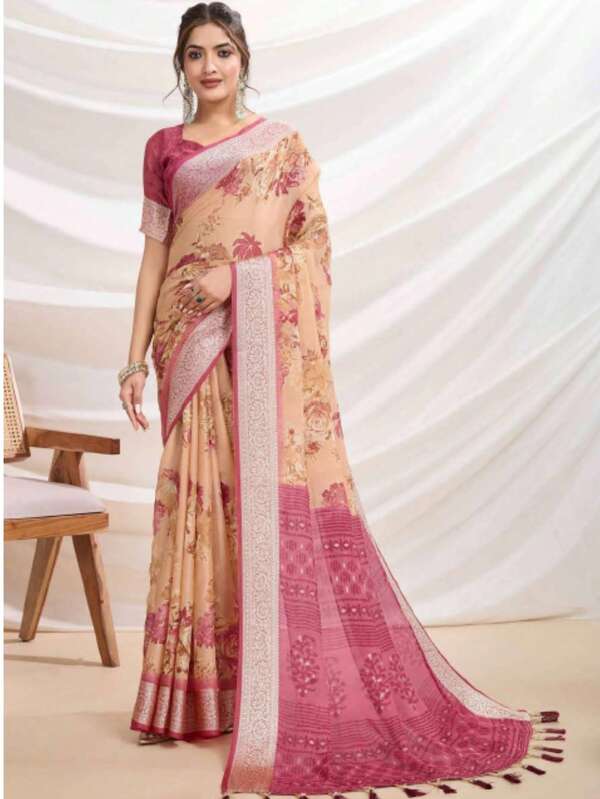 Estationeryhouse Chiffon Saree With Zari Border, Floral Print, Long Sleeve Stitched Blouse