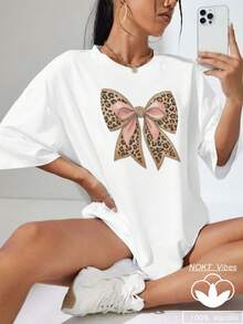 Camiseta informal de mujer con estampado de leopardo y diseño de lazo, para el verano - Blanco - Ver 1