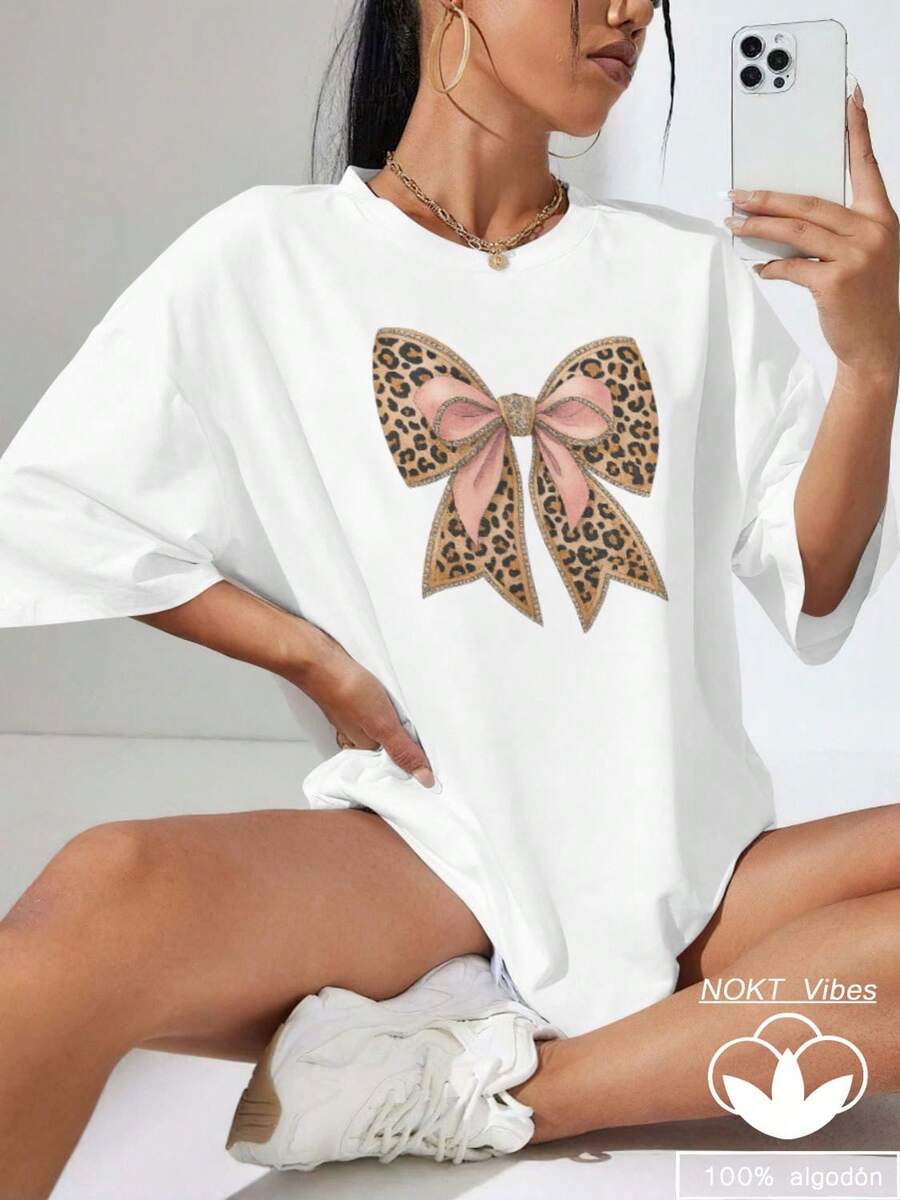 Camiseta informal de mujer con estampado de leopardo y diseño de lazo, para el verano - Blanco - Ver 1