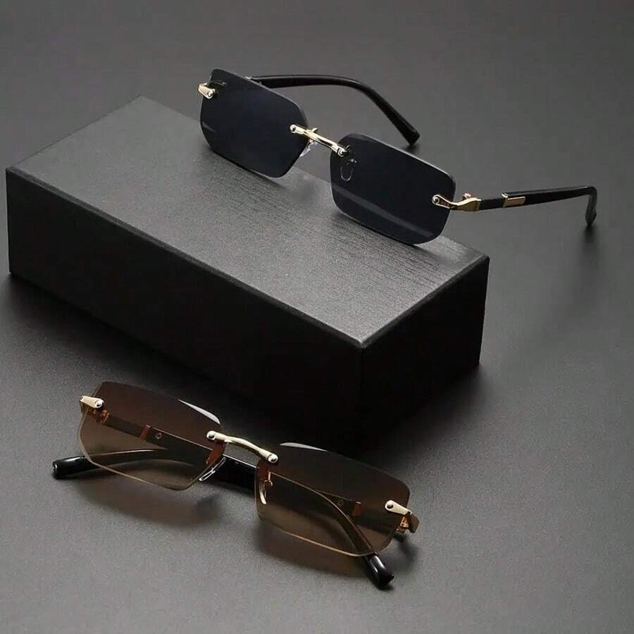 一副时尚无框方形眼镜，男女皆宜，经典休闲日常佩戴，适合海滩、驾驶、露营、Y2K风格穿搭，四季皆宜。