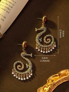 Vintage Seahorse Earrings With Colorful Rhinestones, Elegant Design Suitable For Party, Halloween & Christmas Gifts - Royal Blue - View 5