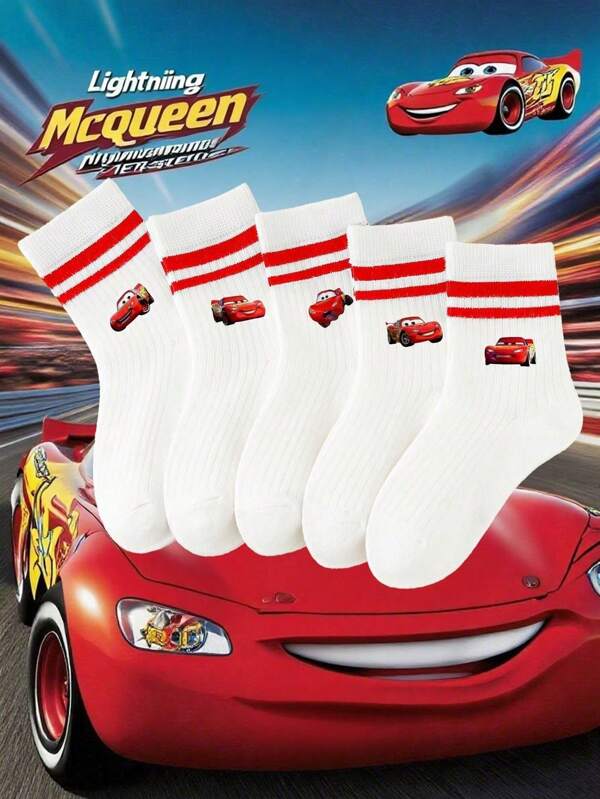 Disney Disney 1/5 Pairs Set Universal Print "Cars" Dynamic Sporty Thigh-High Socks For Daily Wear/Racing Theme/Holiday Gift Disney Collaboration Socks With Red And White Striped Cuffs Suitable For Cartoon Lovers Socks For Kids-Including Baby Socks