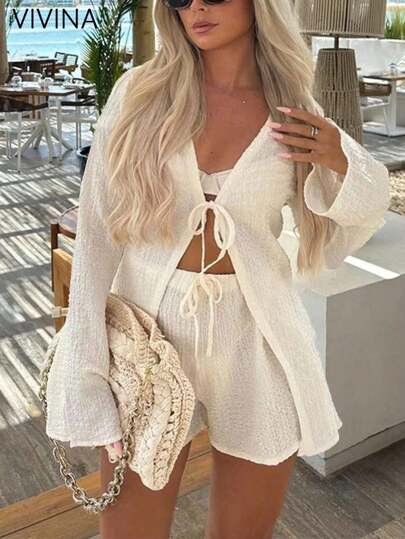 VIVINA Plus Size Women Spring/Summer Fashion Casual Vacation 2-Piece Set, Textured Fabric Tie-Front Flare Sleeve Cardigan Top And Straight Leg Shorts, Beach Holiday & Home Wear