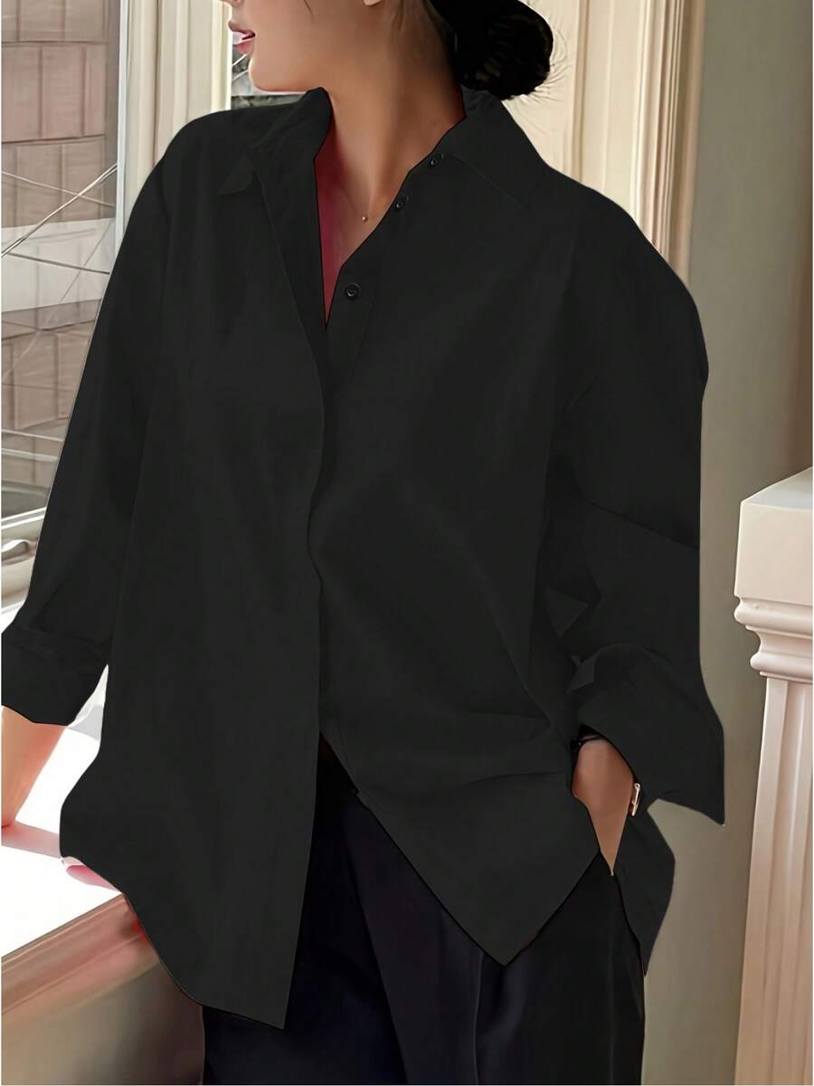 Plus Size Women's Casual Everyday Simple Versatile Commuting Solid Color Long Sleeve Shirt, Spring/Autumn - Black - View 1