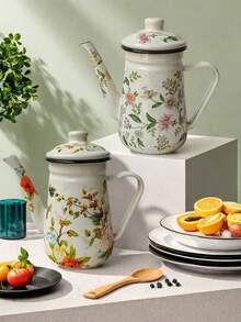 1pc/2pcs Colorful Enameled Coffee/Tea Pot, 1.2L Delicate Enamel Coffee Pot, Handle Pot Coffee Pot, Slim Spout Oil Pot Kettle, Family Boiling Pot, Tea Pot, Gift Pot For Home, Cafe, Party, Household Decor, Small Items Storage Bowl, Coffee Beans, Tea Leaves Storage, Tea Set Accessories, Thick Manual Tilting Water Pot, Floral Pattern Tea Pot, For Electric Or Gas Stove Coffee/Tea Brewing