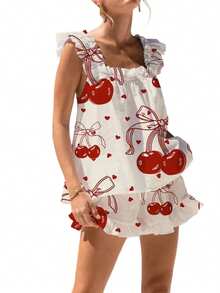 Womens Pajamas Set Bow Floral Print Ruffle Sleeveless Tank Top And Shorts Sleepwear Set Summer 2 Piece Outfits Women Floral Print Pajama Sets 2 Piece Lounge Set Ruffle Trim Sleeveless Top And Shorts Pjs Sleepwear - 紅色櫻桃 - 查看 6