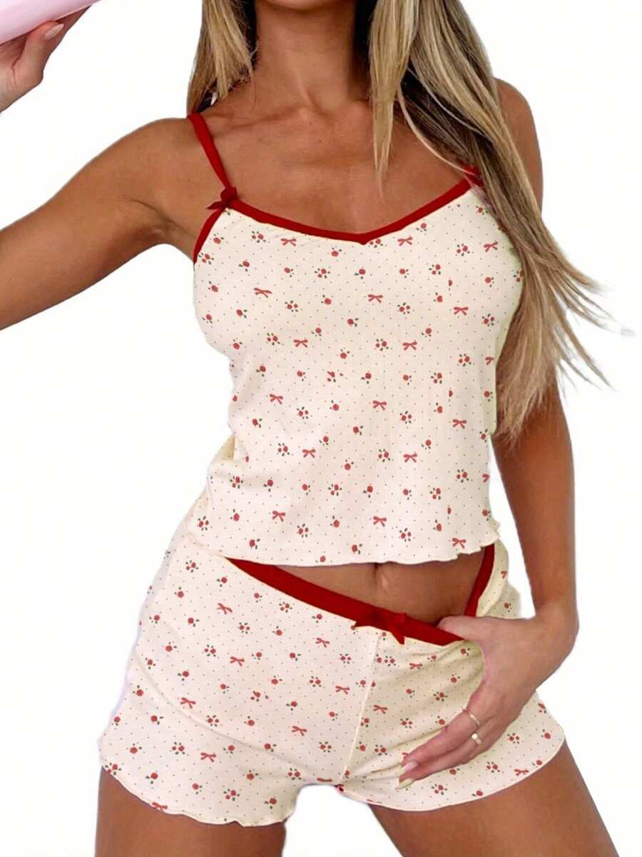 Conjunto de pijama estampado de 2 piezas para mujer, camisola sin mangas y pantalones cortos con estampado floral, lunares y lazo, ropa de dormir de verano para estar en casa. - Albaricoque - Ver 1