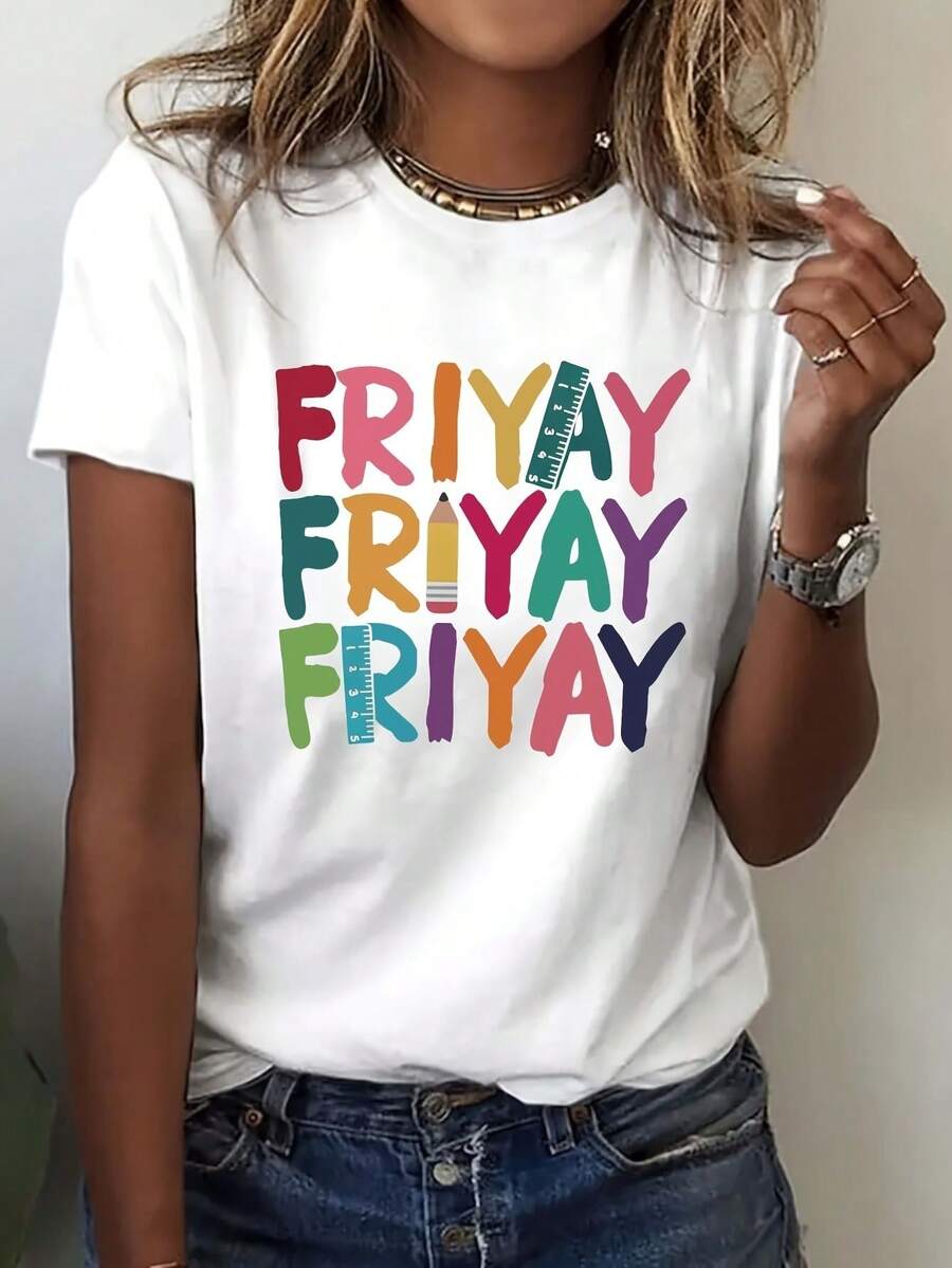 Mujer Camiseta de mujer México Envío Tela transpirable de alta calidad  Estampado de  Lavado a máquina Fresco Deportes Cuello redondo Casual Manga corta Versátil Nueva Era  Lavable a máquina, top casual de cuello redondo de deportes de trabajo estudiantil, moda cómoda y moderna |vestidos de mujer verano almacen localCamisa blanca con el logotipo divertido "FRIYAY" en letras coloridas, perfecta para expresar tu entusiasmo por el viernes - Blanco - Ver 1