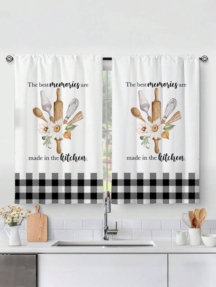 2 件新款餐具印花厨房窗帘，无孔窗帘，短窗帘，适用于卧室办公室厨房客厅书房家居装饰 - 彩色 - 查看 2
