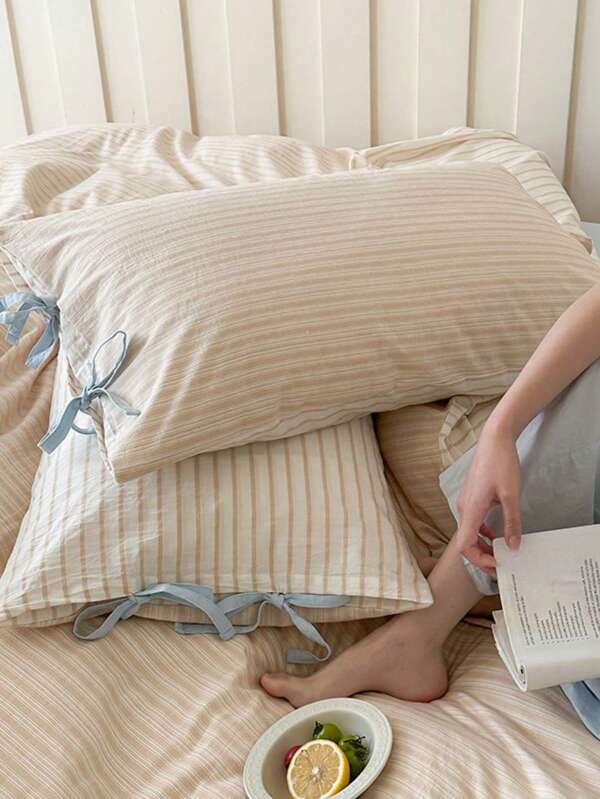 Fronha de travesseiro estilo coreano com laço, design confortável bege/cáqui/rosa, listrada com decoração de laço, adequada para sala de estar, quarto, dormitório, lavável à máquina (capa de travesseiro não incluída)
