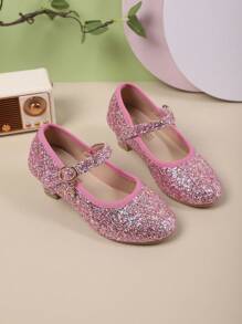 女童闪亮圆头高跟鞋，学生休闲百搭公主鞋，适合表演，秋季