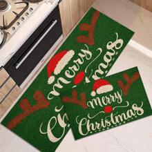 1/2pcs Winter Wonderland Christmas Doormat Set, Lightweight, Non-Slip, Washable, Made Of Synthetic Fiber With Rubber Backing, Christmas Decor Floor Mat With Green Border And Snowflake Pattern, Suitable For Living Room, Kitchen, Bathroom, Dining Room, Study