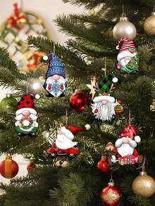 12 件复古小矮人装饰品 - 带有圣诞老人图案的木制圣诞树挂件，节日派对装饰品 - 彩色 - 查看 6