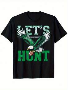 [Everyday Comfort] Youngsters' Vintage Let'S Hunt Eagle Graphic T-Shirt - Soft Breathable Cotton, Short Sleeve, Black With Green & White Design, Casual Sporty Tee For Boys & Girls, Outdoor Tee  Vintage Graphic Tee  Soft Fabric Shirt - 黑色 - 查看 1