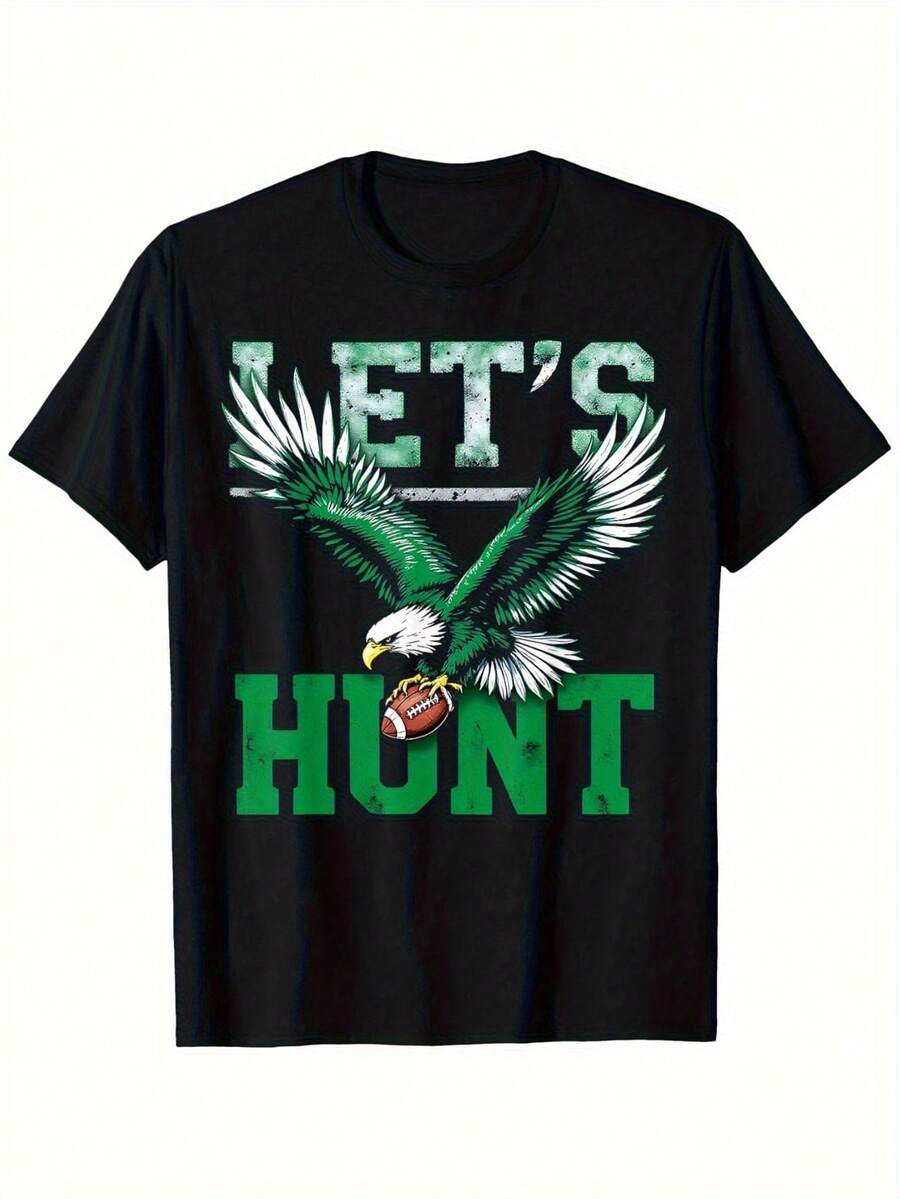 [Everyday Comfort] Youngsters' Vintage Let'S Hunt Eagle Graphic T-Shirt - Soft Breathable Cotton, Short Sleeve, Black With Green & White Design, Casual Sporty Tee For Boys & Girls, Outdoor Tee  Vintage Graphic Tee  Soft Fabric Shirt - 黑色 - 查看 1