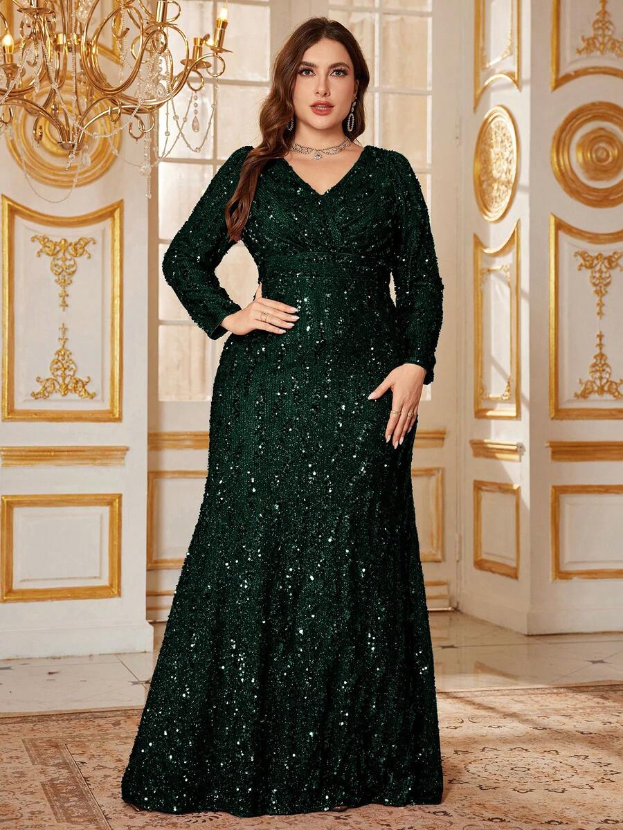 Đầm dạ hội cỡ lớn UNITHORSE dành cho nữ, kiểu dáng thanh lịch, cổ chữ V, tay dài, đính sequin, eo xếp ly, dáng maxi ôm sát, bóng bẩy, thích hợp làm váy cưới, váy dự tiệc sinh nhật, váy tốt nghiệp, trang phục cưới mùa thu xuân dành cho nữ.