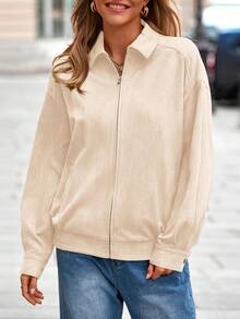 Women's Faux Suede Motorcycle Jacket  Fall Fashion Oversized Zip Up Coats Winter Clothes Outerwear - 米色 - 查看 2