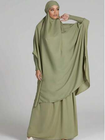 2pcs Nida Fabric Women Loose Comfortable Khimar Abaya Dress Set, Suitable For Outdoor Prayer, All Season, Muslim Islamic Clothing