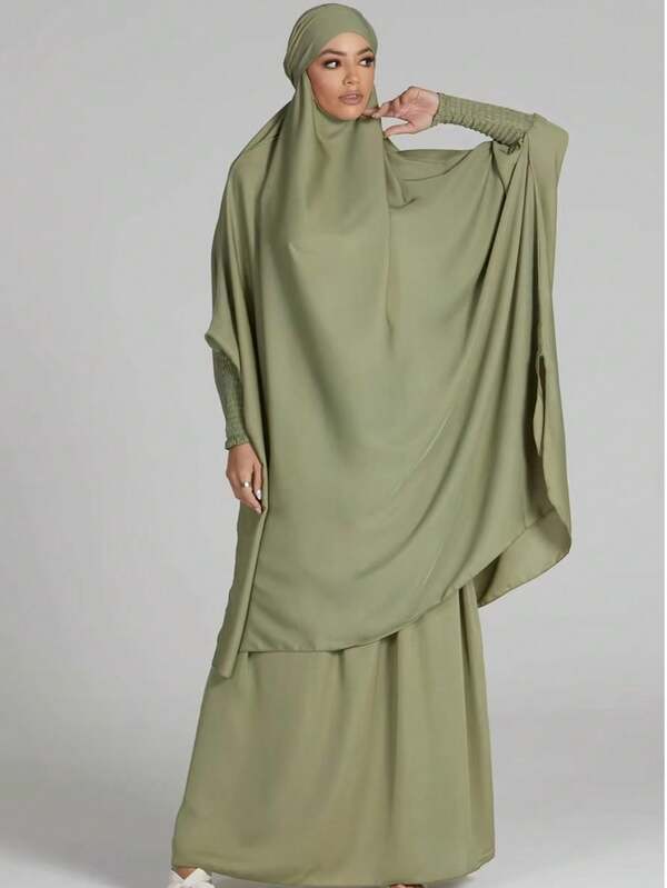 2pcs Nida Fabric Women Loose Comfortable Khimar Abaya Dress Set, Suitable For Outdoor Prayer, All Season, Muslim Islamic Clothing