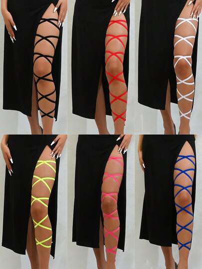 1pc Sexy Crisscross Elastic Strap Leg Chain, Personalized Multi-Layer Thigh Chain, Black Elastic Strap Leg Jewelry With Sexy Harajuku Style And Y2K Vibe, Cozy